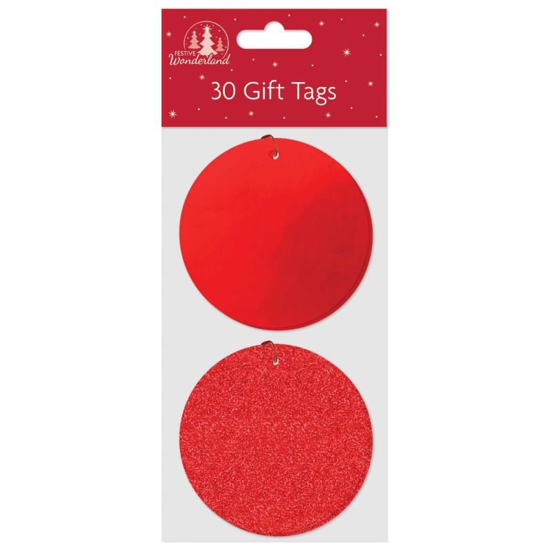 Wonderland Gift Tags 30 Round Foil & Glitter - Red