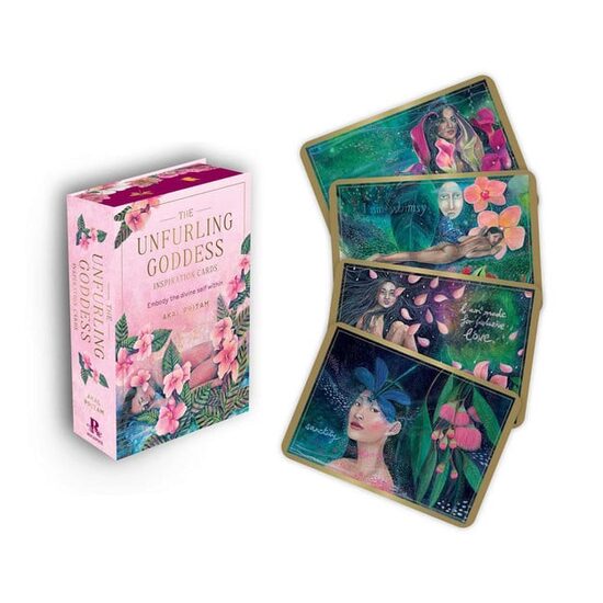 The Unfurling Goddess Inspiration Cards: Embody the Divine Self Within (44 Gilded Cards, 16-Page Full-Color Booklet, and a Wooden Stand)