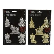 5 PACK CHRISTMAS TREE DECORATIONS SILVER/GOLD TREE TRIMS BELLS/SLEIGH/SNOWMAN