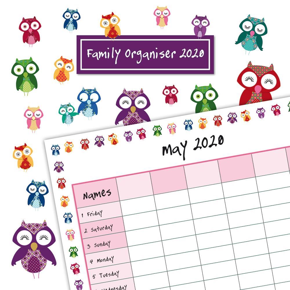 Owls family organiser 2020 square wall calendar